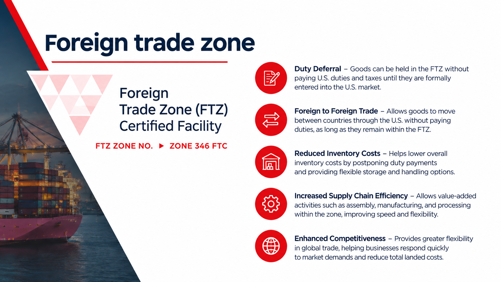 Foreign Trade Zone certified facility showing duty deferral and trade benefits for automotive suppliers